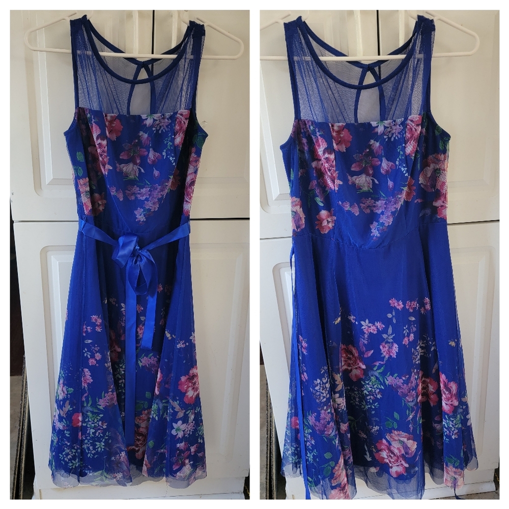 Cardalite Floral Purple/blue Sleeveless Dress with Belt
